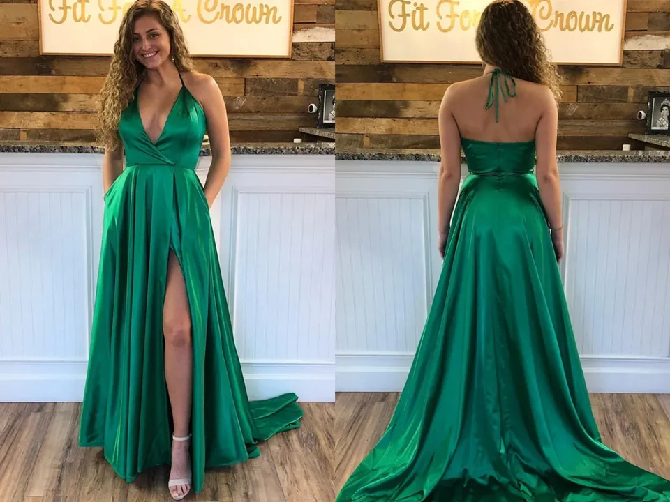 Promfast V Neck A Line Prom Dresses Sweep Train Slit Ruffles Party Dresses PFP2090