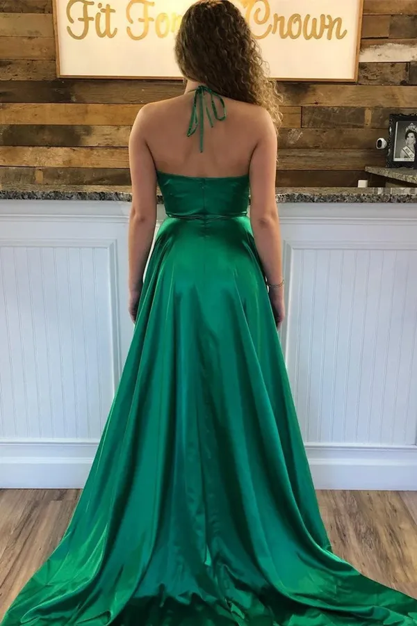 Promfast V Neck A Line Prom Dresses Sweep Train Slit Ruffles Party Dresses PFP2090