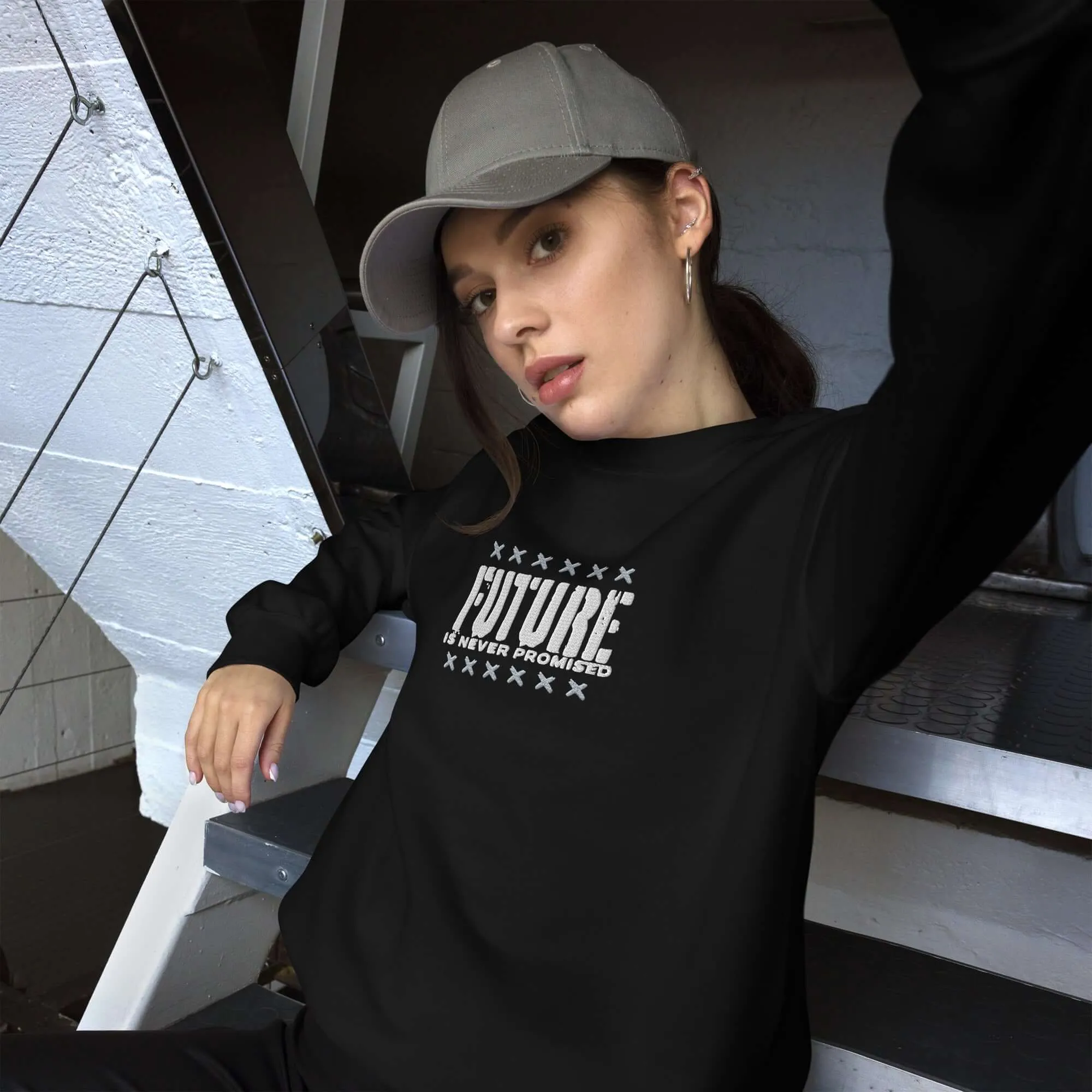 "Future is Never Promised" Embroidered Unisex Sweatshirt (Color options available)
