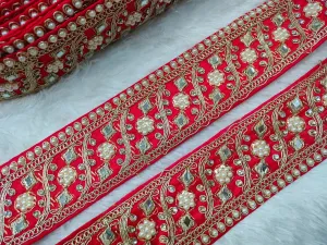 Red Embellished Pearl and Mirror Trim