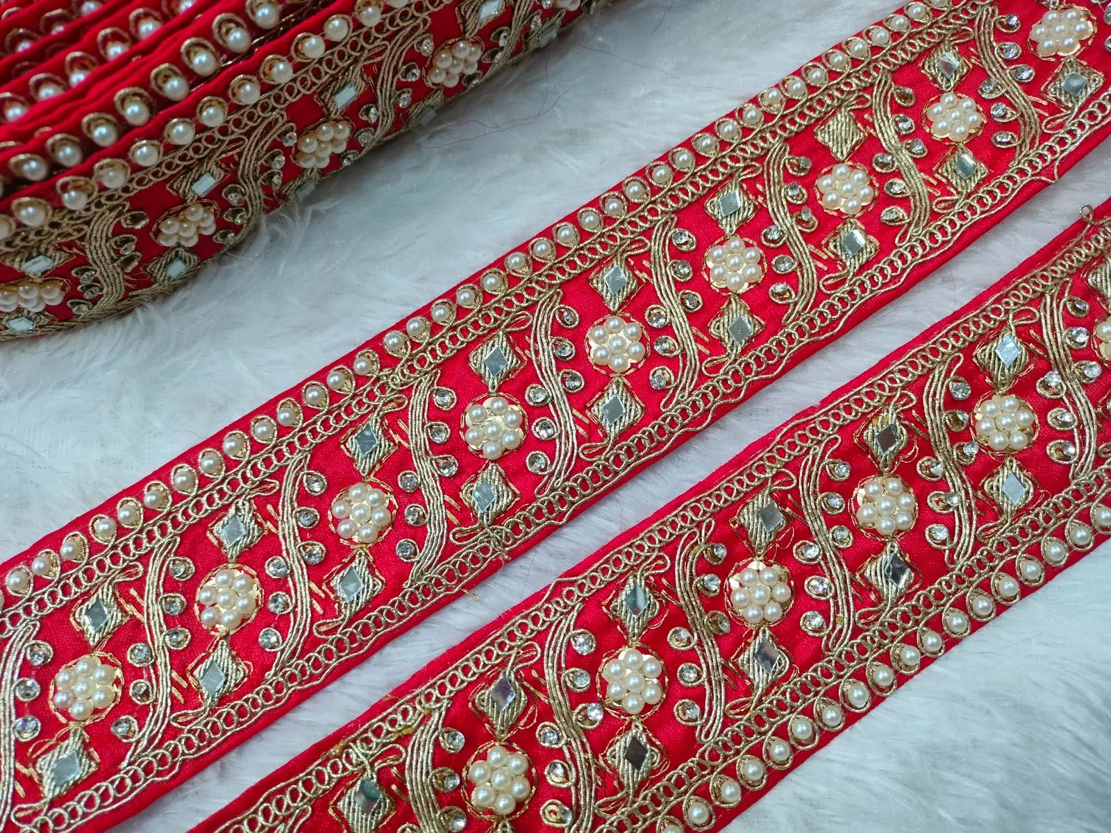 Red Embellished Pearl and Mirror Trim