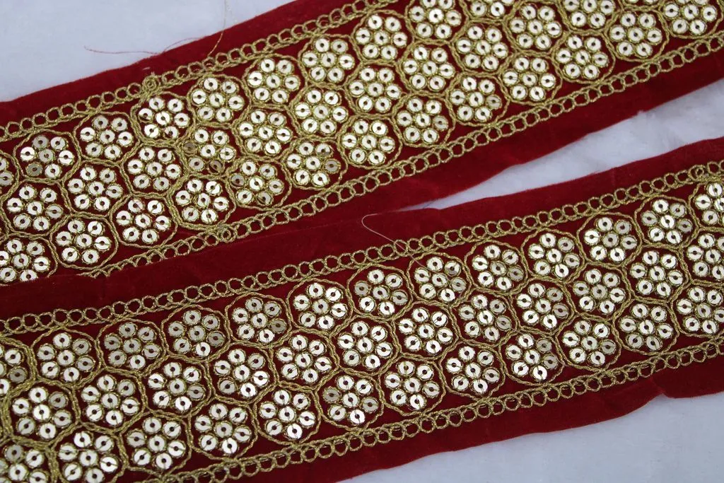 Red Floral Sequins Work Embroidered Border