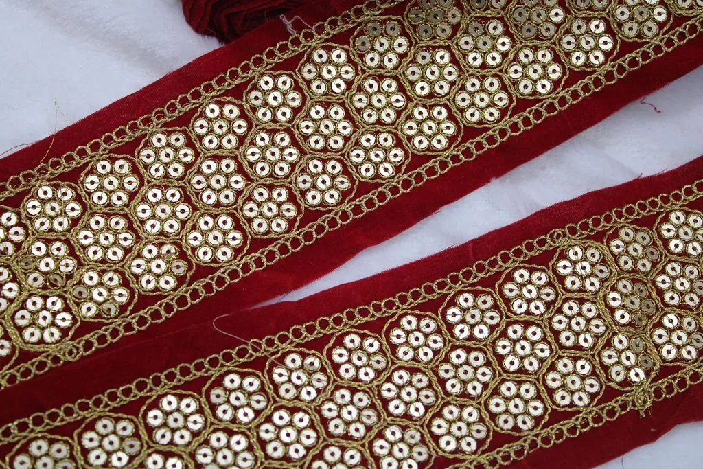 Red Floral Sequins Work Embroidered Border