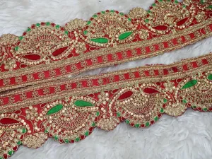 Red Golden Stone and Zari Work Scalloped Embroidered Border