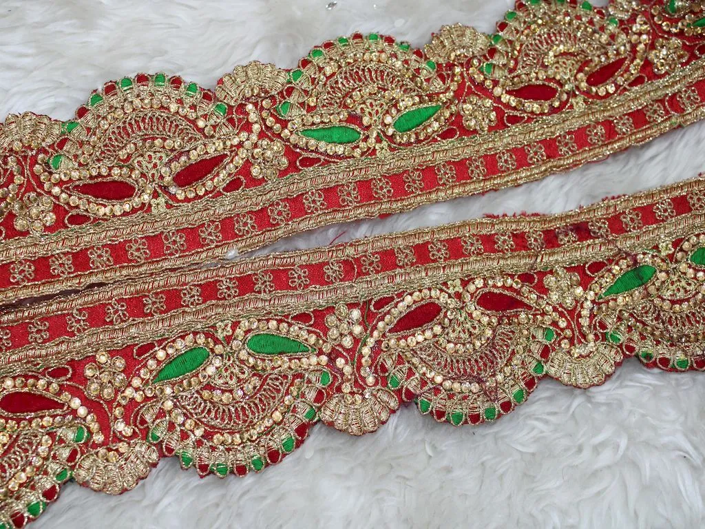 Red Golden Stone and Zari Work Scalloped Embroidered Border