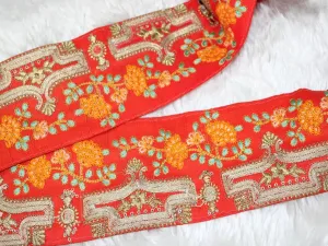 Red Multicolour Thread Work Embroidered Border