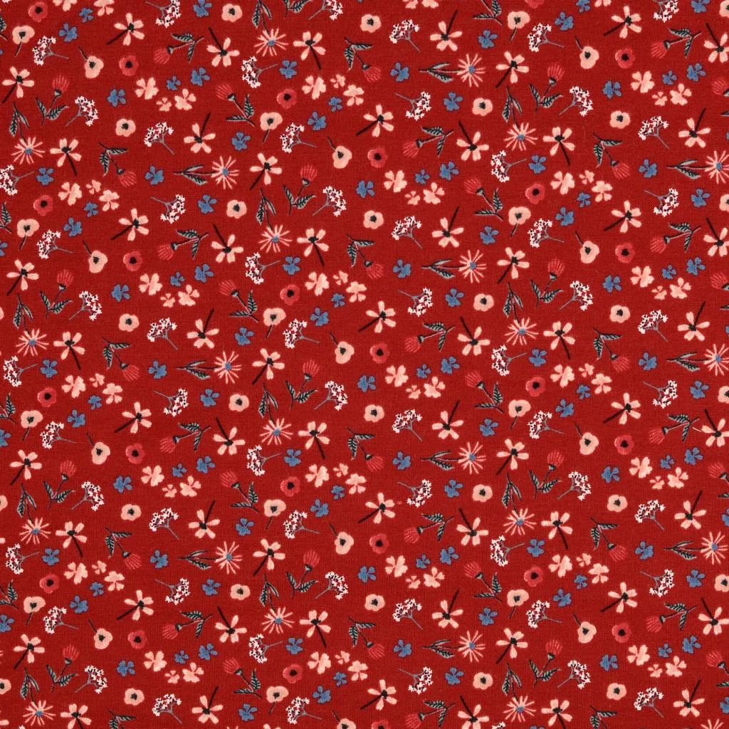 REMNANT 1.22 Metres with stitch then 50cm - Ditsy Peach Soft Cotton Sweat-shirting Fabric in Red