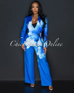 Rena Blue White Floral Print Blazer & Wide Pants Set