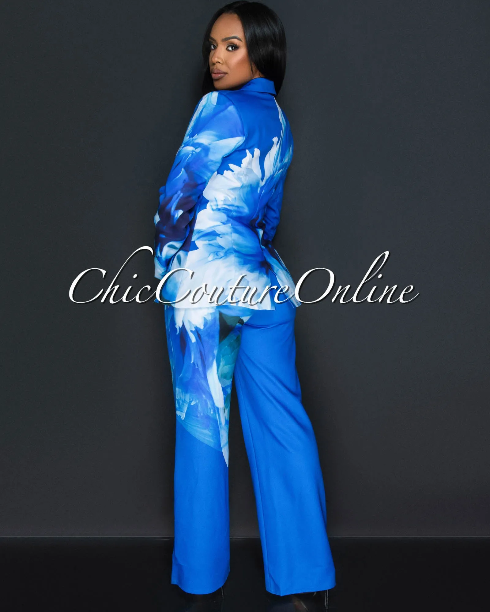 Rena Blue White Floral Print Blazer & Wide Pants Set