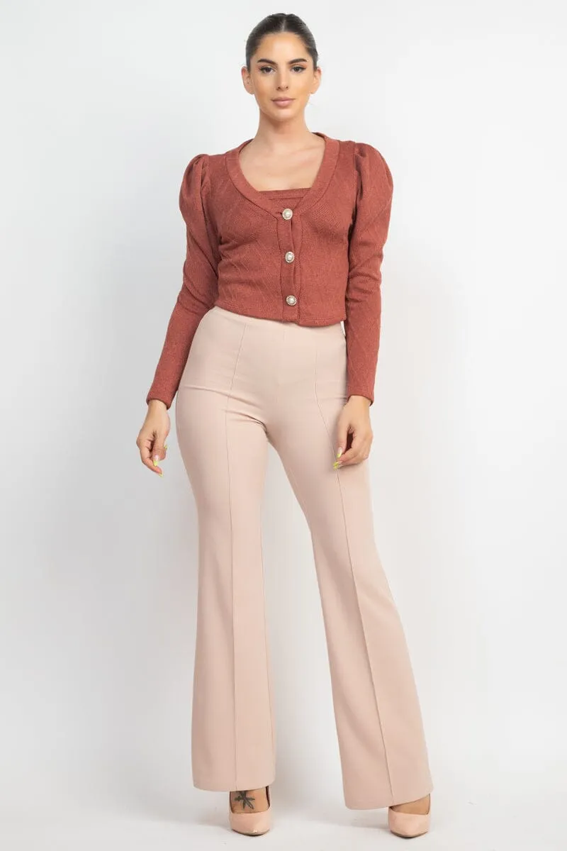 Smocky Mauve Brown Geometric Cami Puff Sleeves Button Front Blazer Top Set