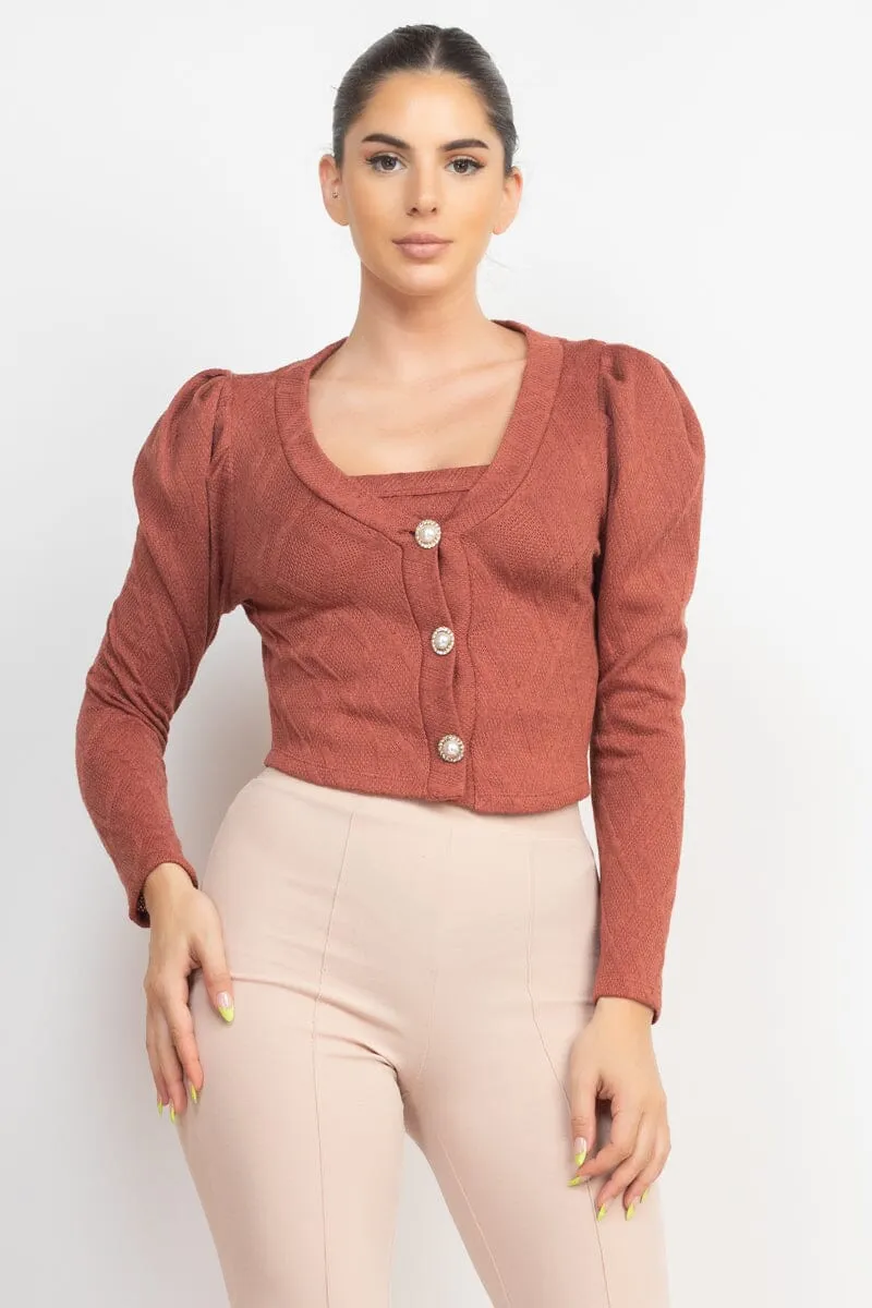 Smocky Mauve Brown Geometric Cami Puff Sleeves Button Front Blazer Top Set