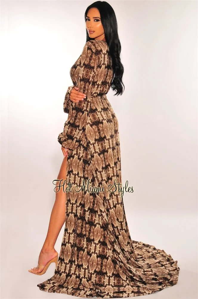Snake Print Long Sleeves Belted Maxi Cover Up