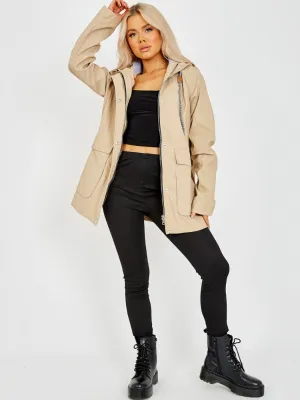 Sonia PU Coated Hooded Rain Mac In Stone