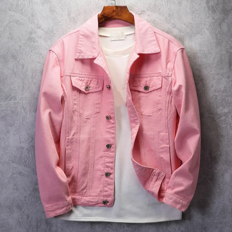 Top Quality Denim Jacket Men Solid White Black Pink Casual Outwear Coats Turn-Down Collar Single-breasted Cowboys