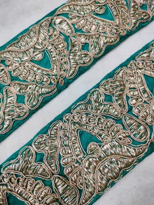 Turquoise & Golden Fancy Zari Embellished Trim