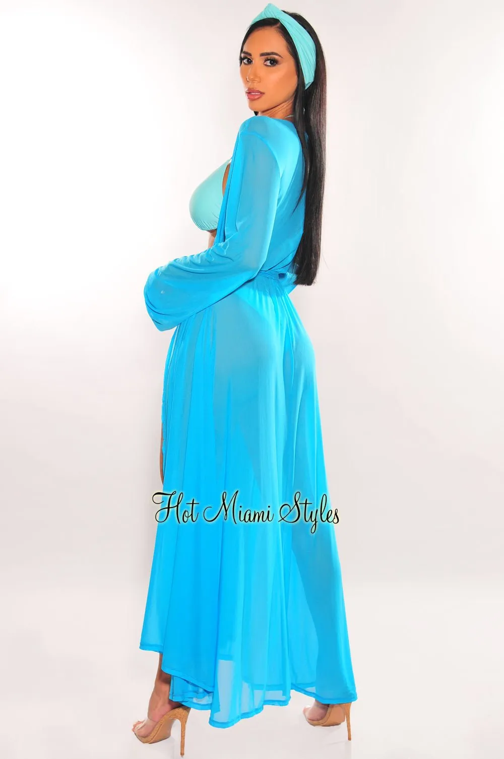 Turquoise Mesh Long Sleeves Belted Maxi Cover Up