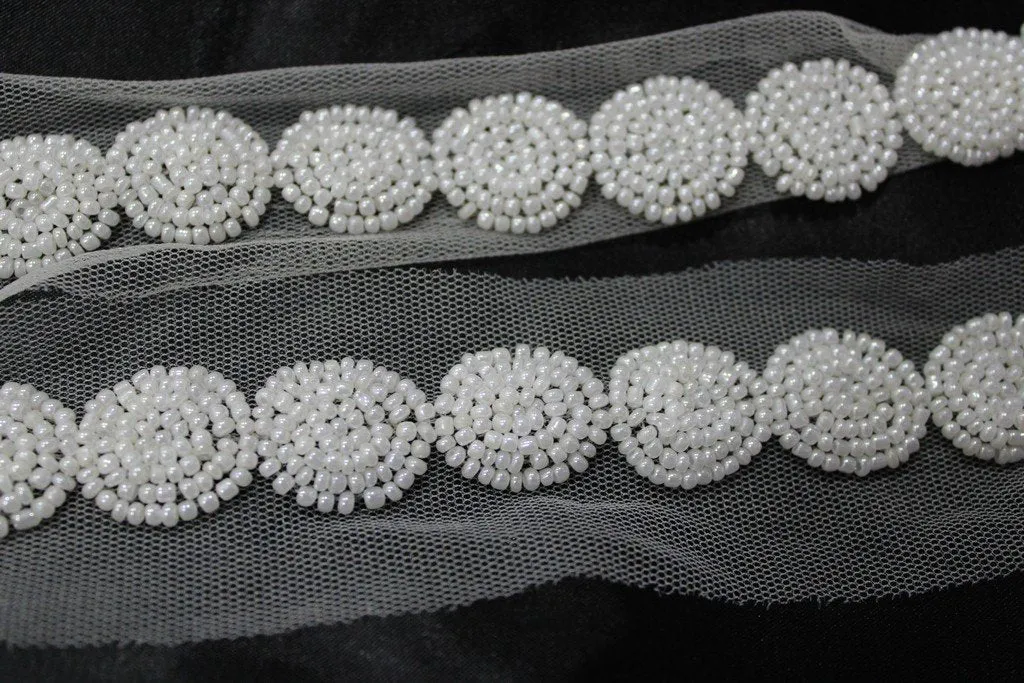 White Circular Designer Pearl Work Embroidered Border