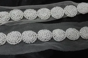 White Circular Designer Pearl Work Embroidered Border