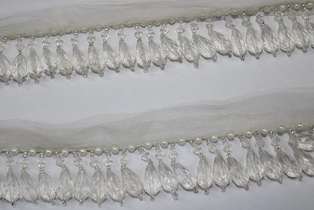 White Fancy Drop Crystal Beads Work Fringe Lace