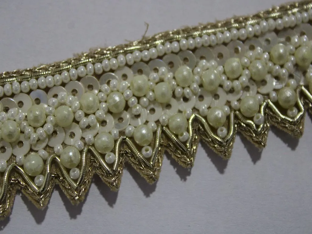 White Golden Pearl and Sequins Handwork Embroidered Border