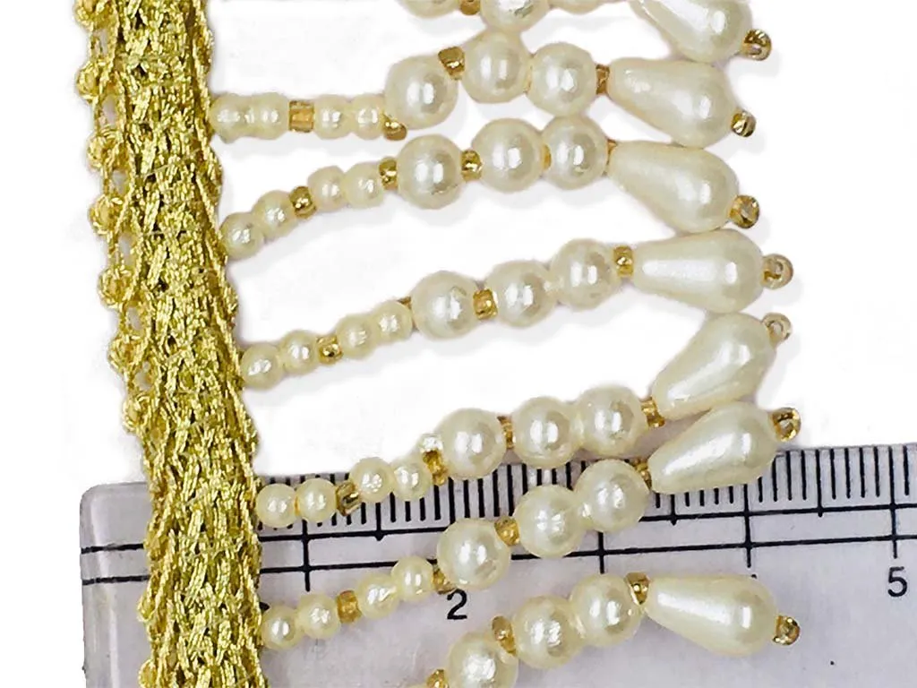 White Golden Pearl Fringe Designer Lace