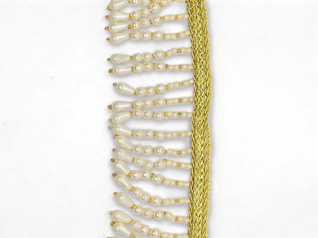 White Golden Pearl Fringe Designer Lace
