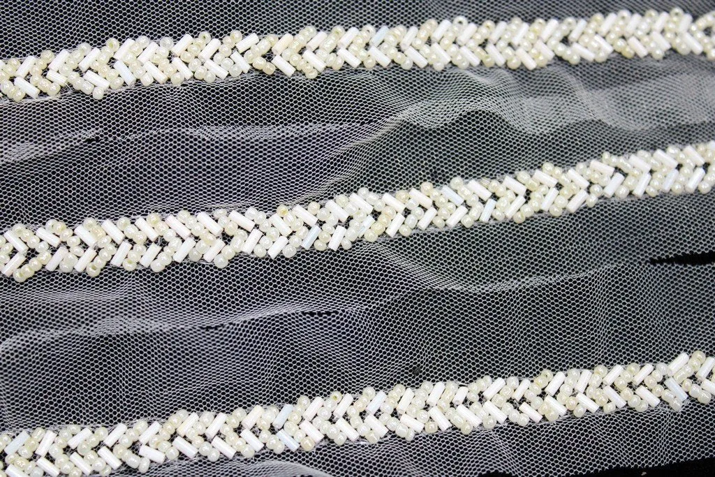 White Pearl Embellished Hand Beads Work Embroidered Lace