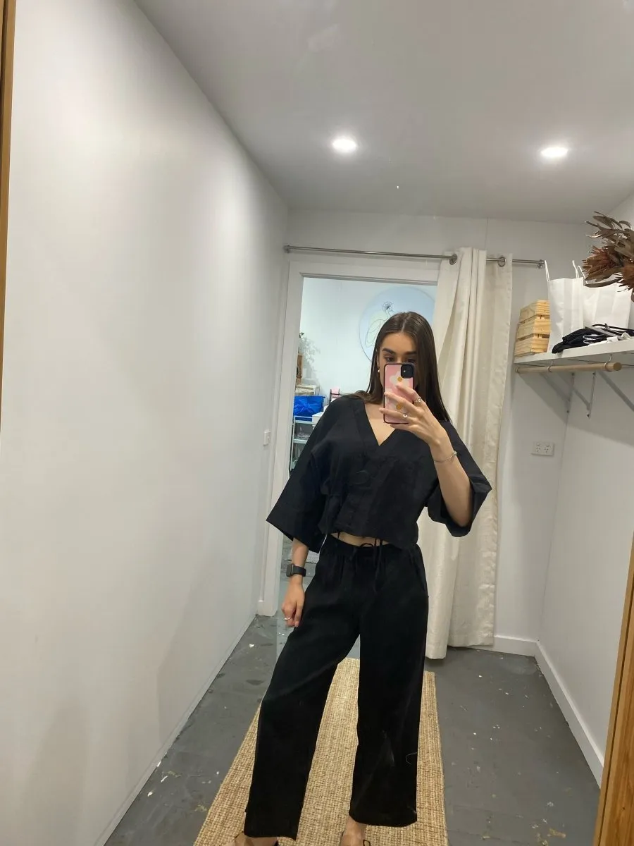 Wide Leg Linen Pant in Black