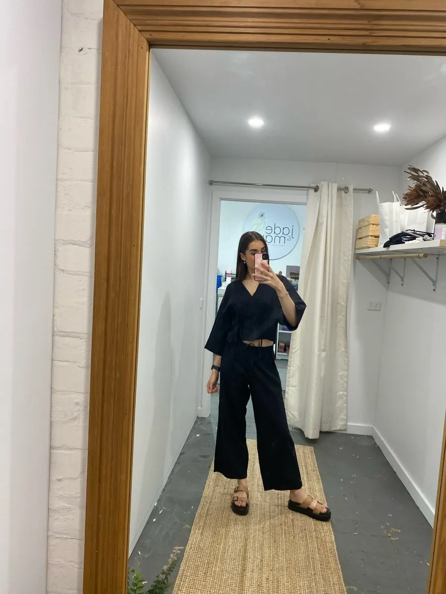 Wide Leg Linen Pant in Black