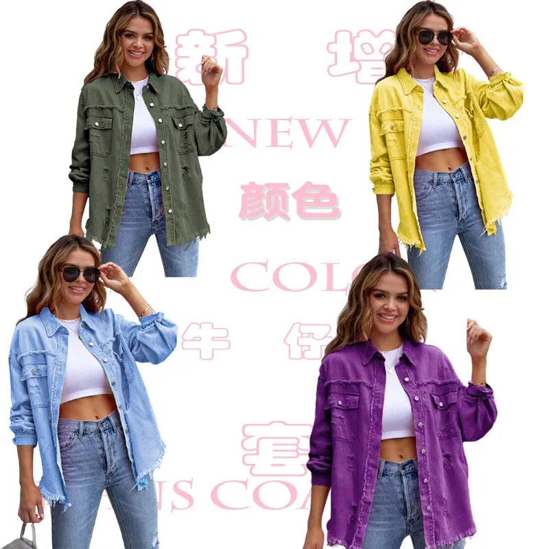 Women Pocket Hole Tassel Turndown Collar Denim Jacket