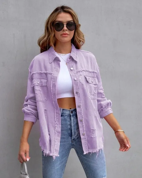 Women Pocket Hole Tassel Turndown Collar Denim Jacket
