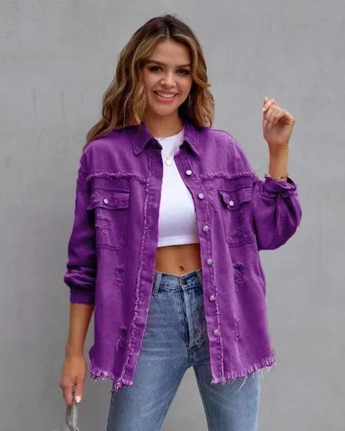 Women Pocket Hole Tassel Turndown Collar Denim Jacket
