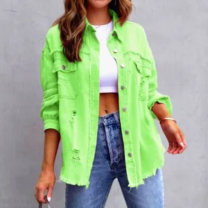 Women Pocket Hole Tassel Turndown Collar Denim Jacket