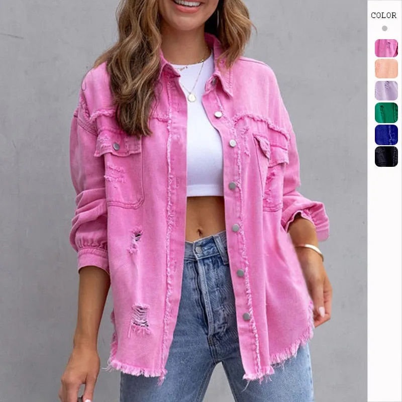 Women Pocket Hole Tassel Turndown Collar Denim Jacket