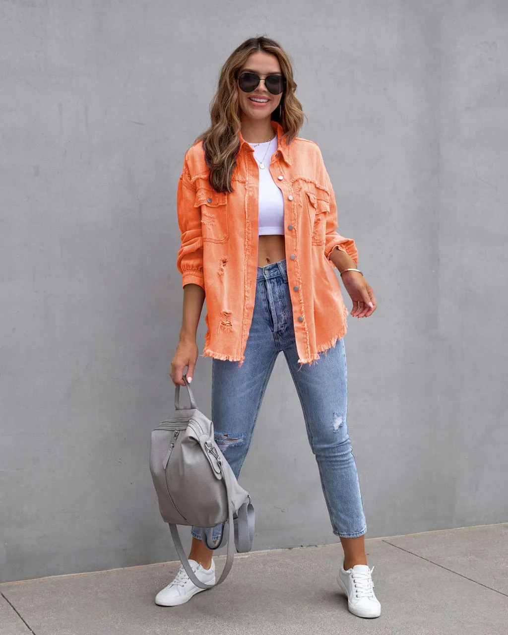 Women Pocket Hole Tassel Turndown Collar Denim Jacket
