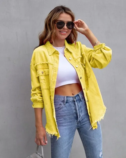 Women Pocket Hole Tassel Turndown Collar Denim Jacket
