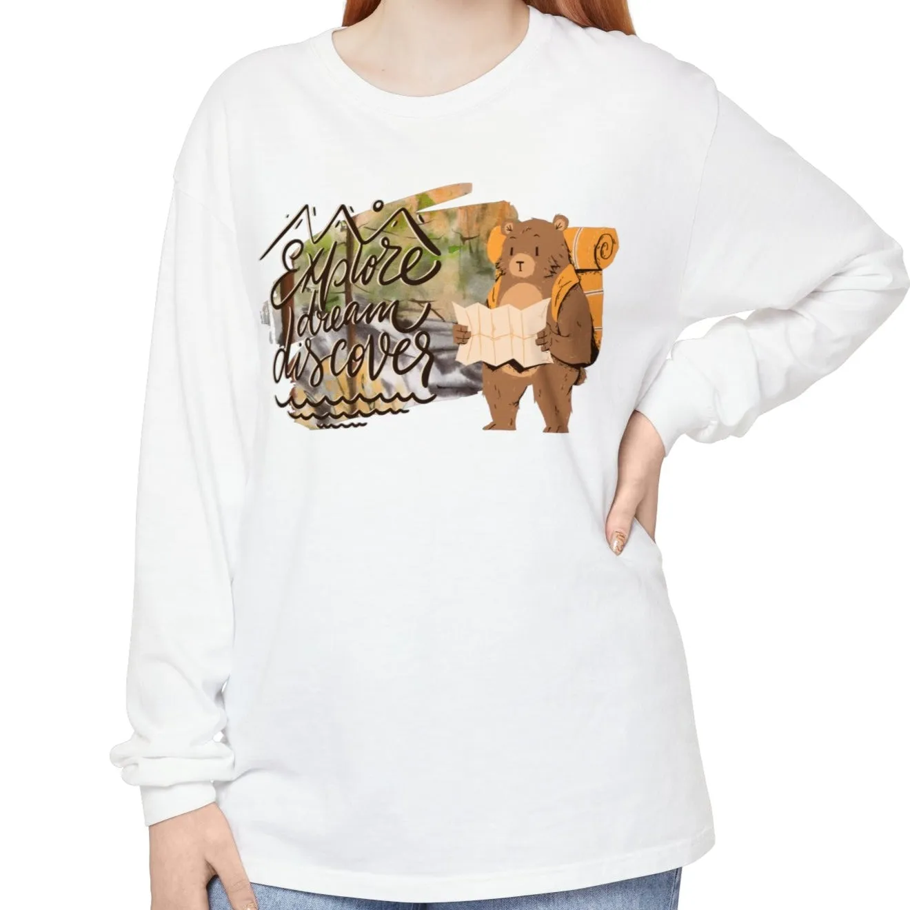 Women's Comfort Colors Long Sleeve Tee: 'Explore, Dream, Explore' with Backpacking Bear
