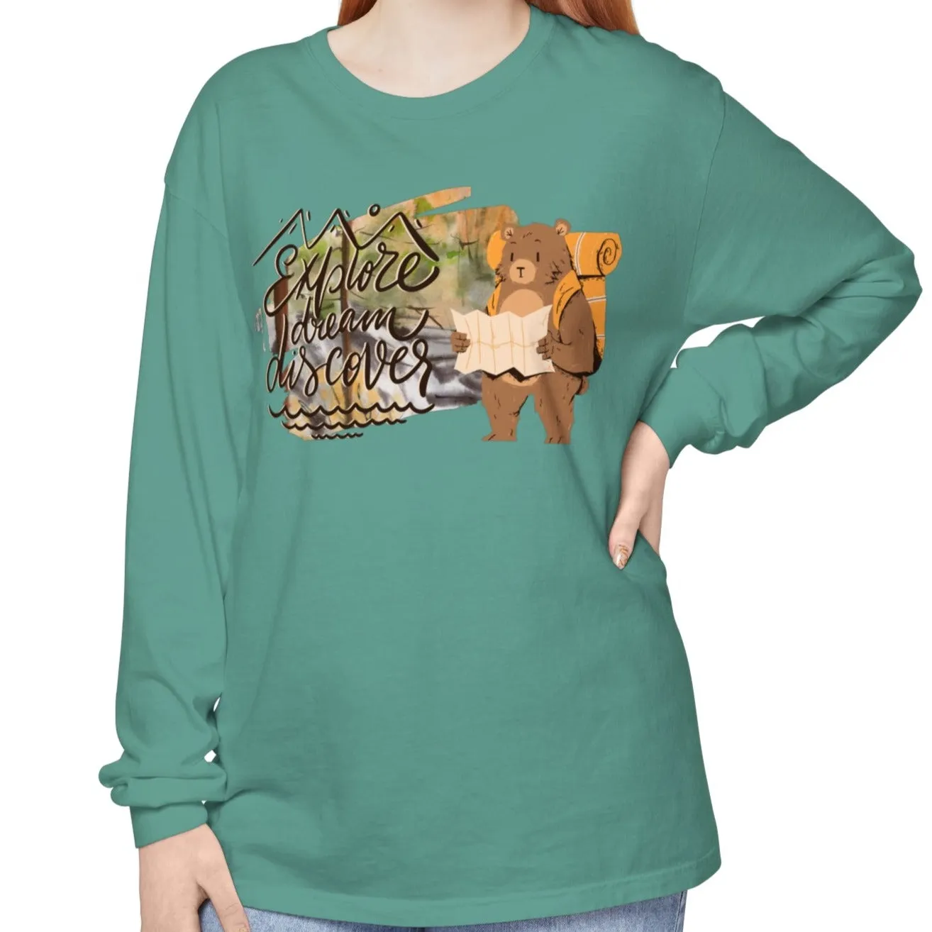 Women's Comfort Colors Long Sleeve Tee: 'Explore, Dream, Explore' with Backpacking Bear