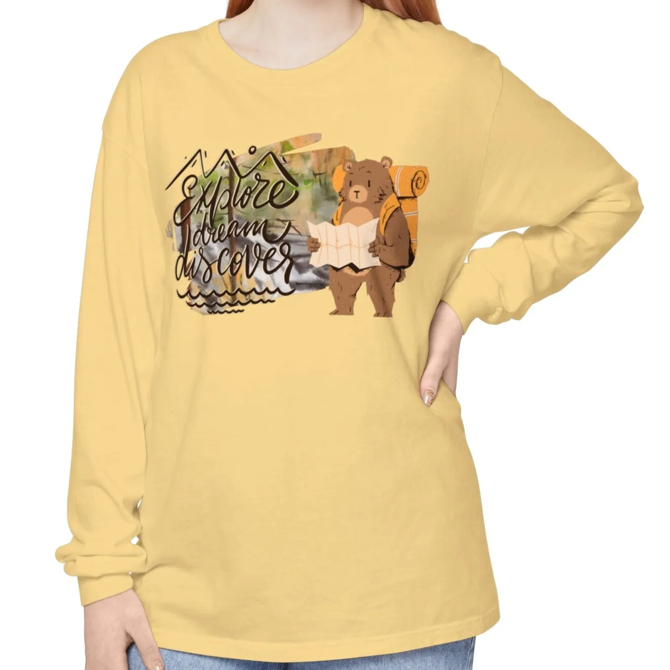 Women's Comfort Colors Long Sleeve Tee: 'Explore, Dream, Explore' with Backpacking Bear