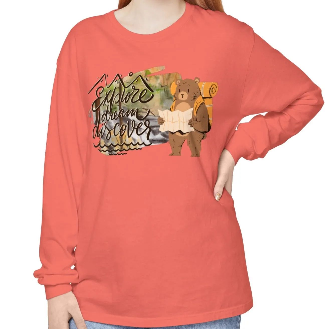 Women's Comfort Colors Long Sleeve Tee: 'Explore, Dream, Explore' with Backpacking Bear