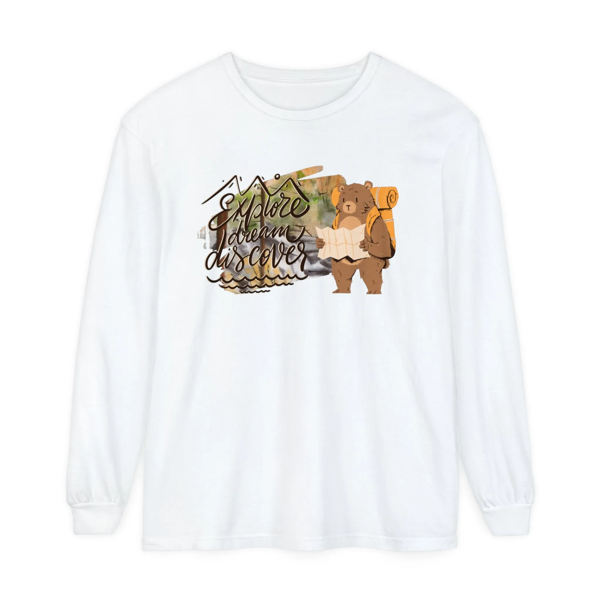 Women's Comfort Colors Long Sleeve Tee: 'Explore, Dream, Explore' with Backpacking Bear