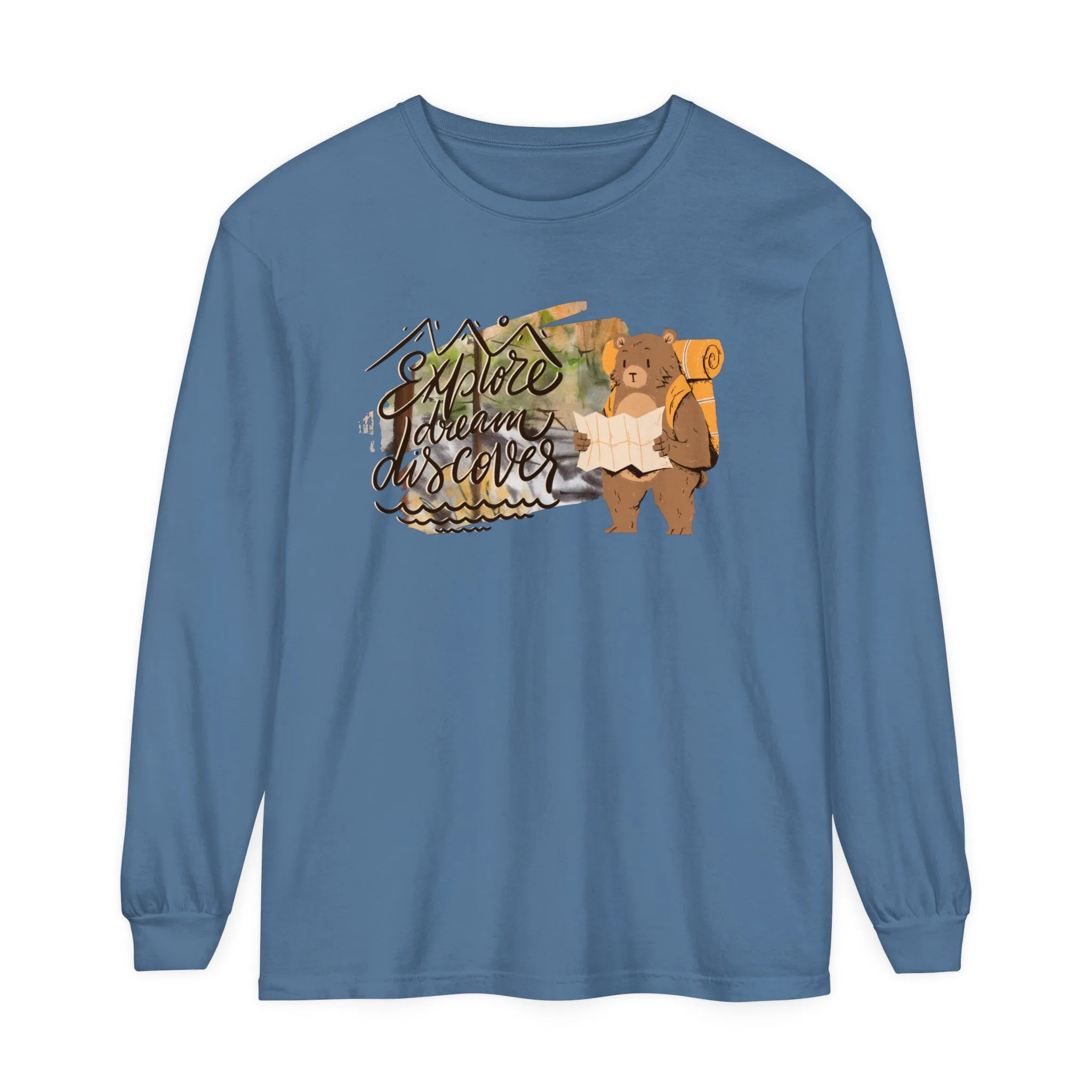 Women's Comfort Colors Long Sleeve Tee: 'Explore, Dream, Explore' with Backpacking Bear