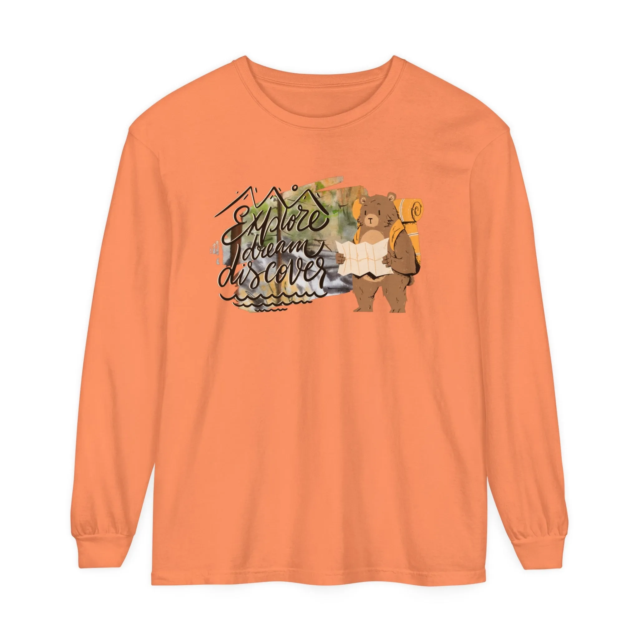 Women's Comfort Colors Long Sleeve Tee: 'Explore, Dream, Explore' with Backpacking Bear