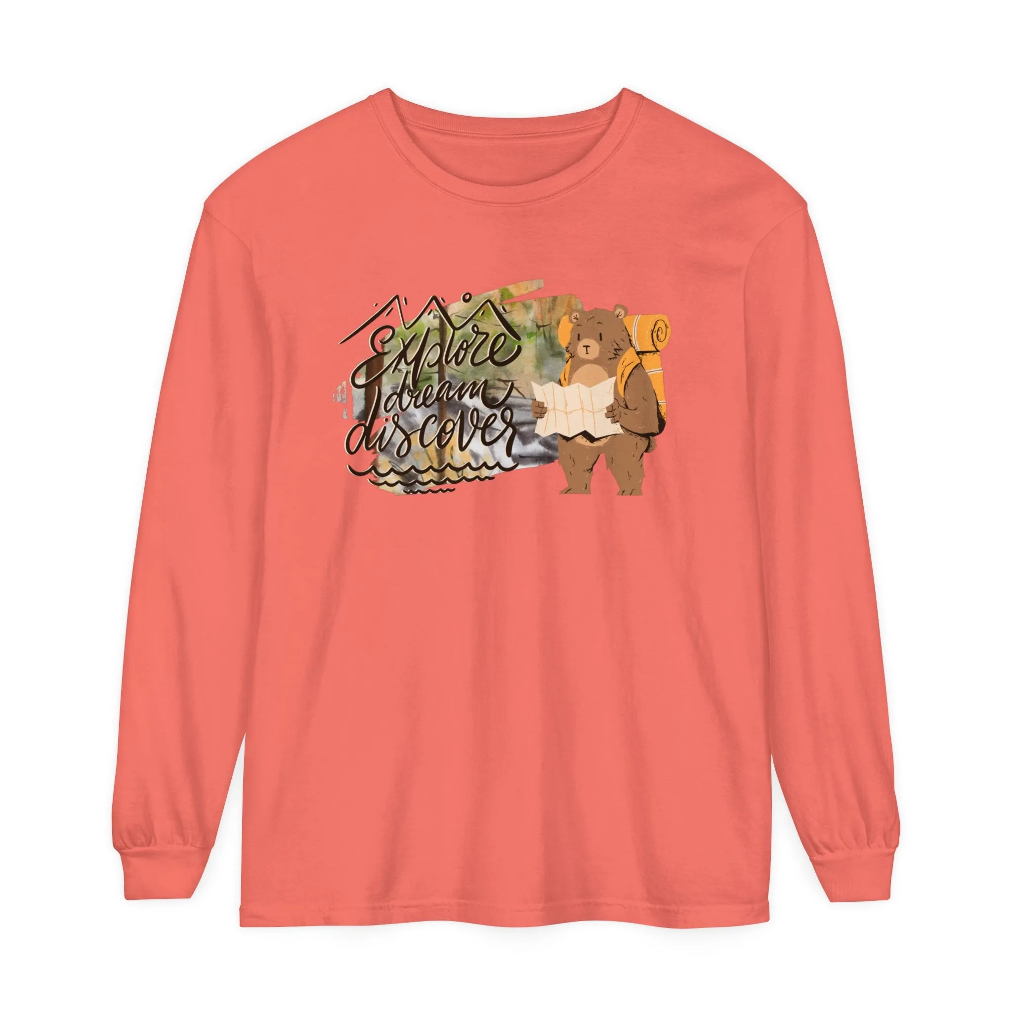 Women's Comfort Colors Long Sleeve Tee: 'Explore, Dream, Explore' with Backpacking Bear