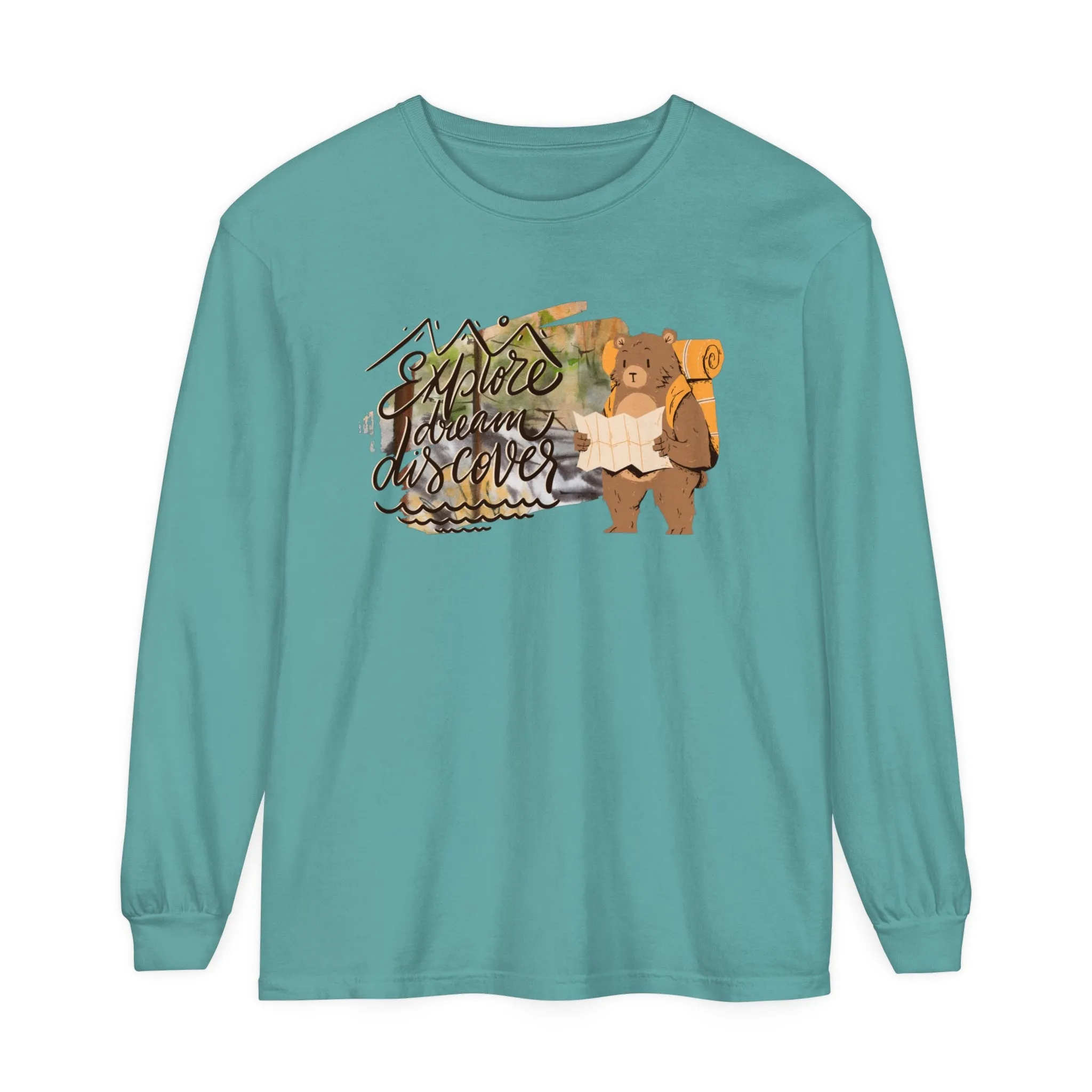 Women's Comfort Colors Long Sleeve Tee: 'Explore, Dream, Explore' with Backpacking Bear