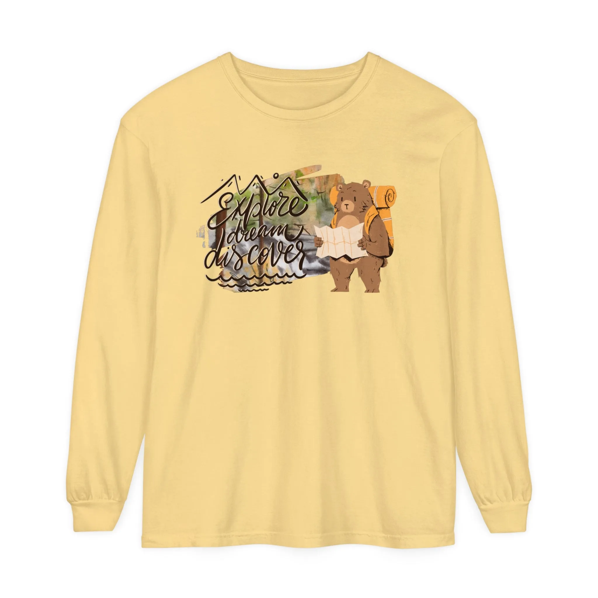 Women's Comfort Colors Long Sleeve Tee: 'Explore, Dream, Explore' with Backpacking Bear