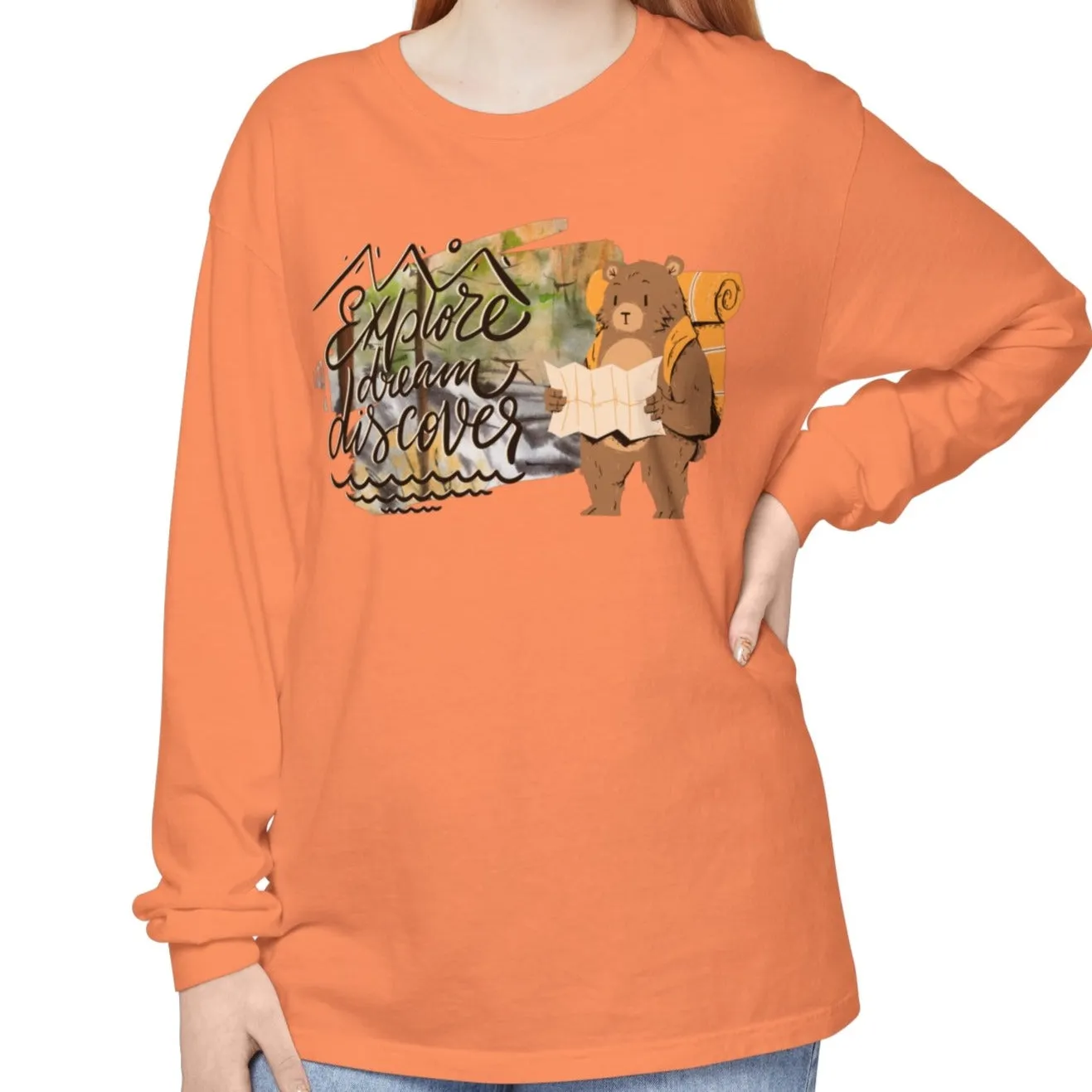 Women's Comfort Colors Long Sleeve Tee: 'Explore, Dream, Explore' with Backpacking Bear