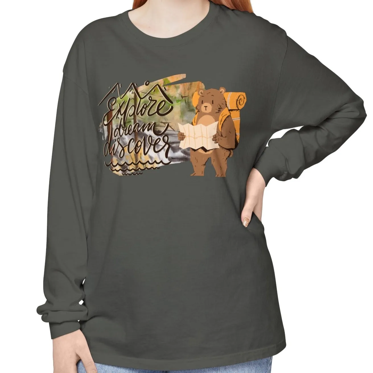 Women's Comfort Colors Long Sleeve Tee: 'Explore, Dream, Explore' with Backpacking Bear