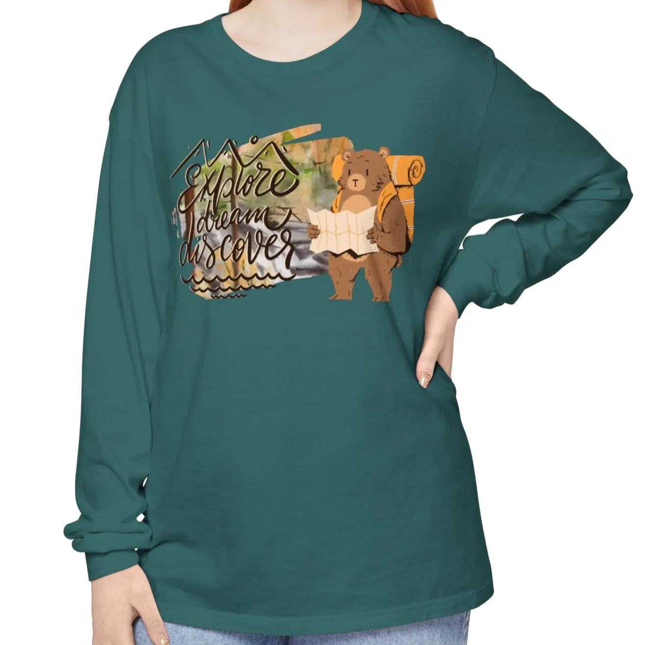 Women's Comfort Colors Long Sleeve Tee: 'Explore, Dream, Explore' with Backpacking Bear