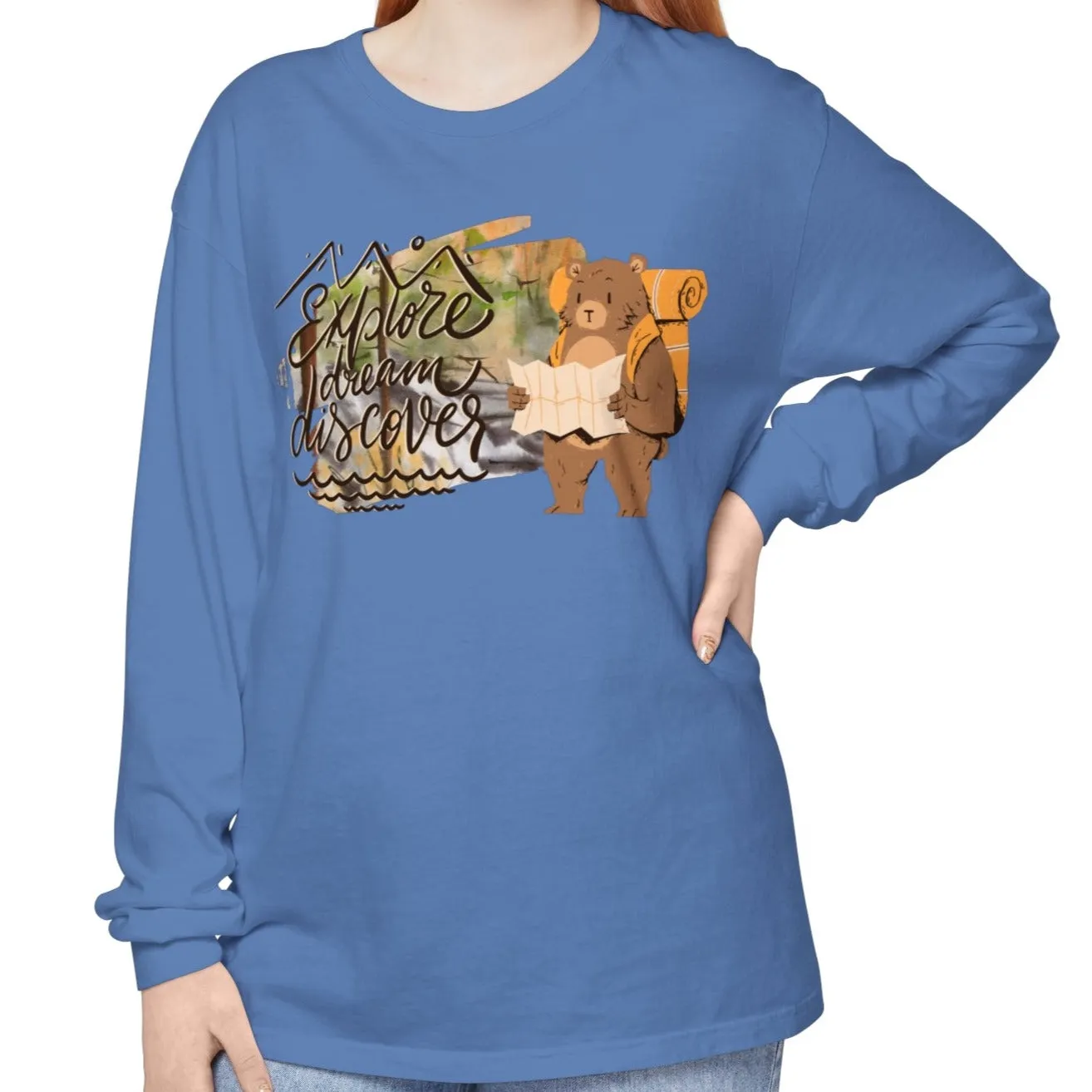 Women's Comfort Colors Long Sleeve Tee: 'Explore, Dream, Explore' with Backpacking Bear